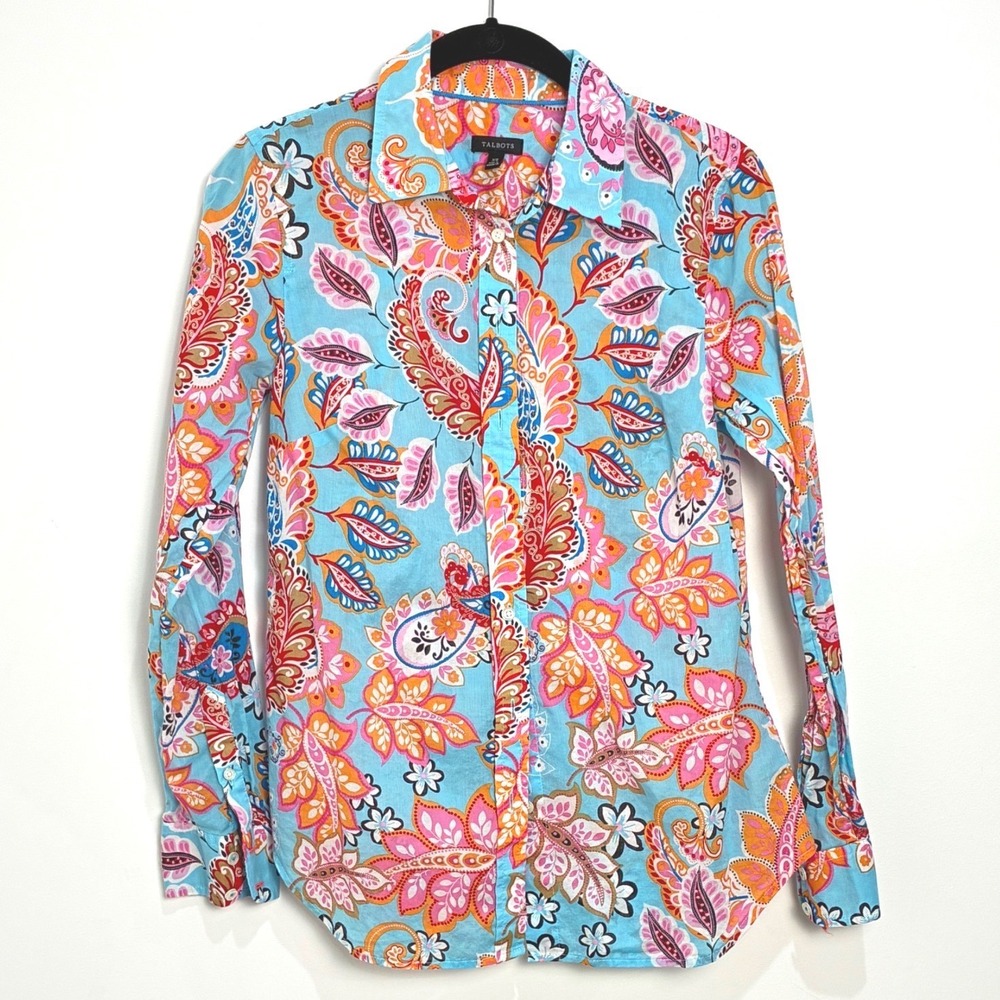 Talbots Button Down Cotton Shirt Vibrant Multicolor Paisley Boho  Preppy XS